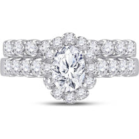 GND 14K White Gold Oval Diamond Bridal Wedding Ring Set with Halo and Round Prong Set Diamonds - 2.00 Carat Total Diamond Weight