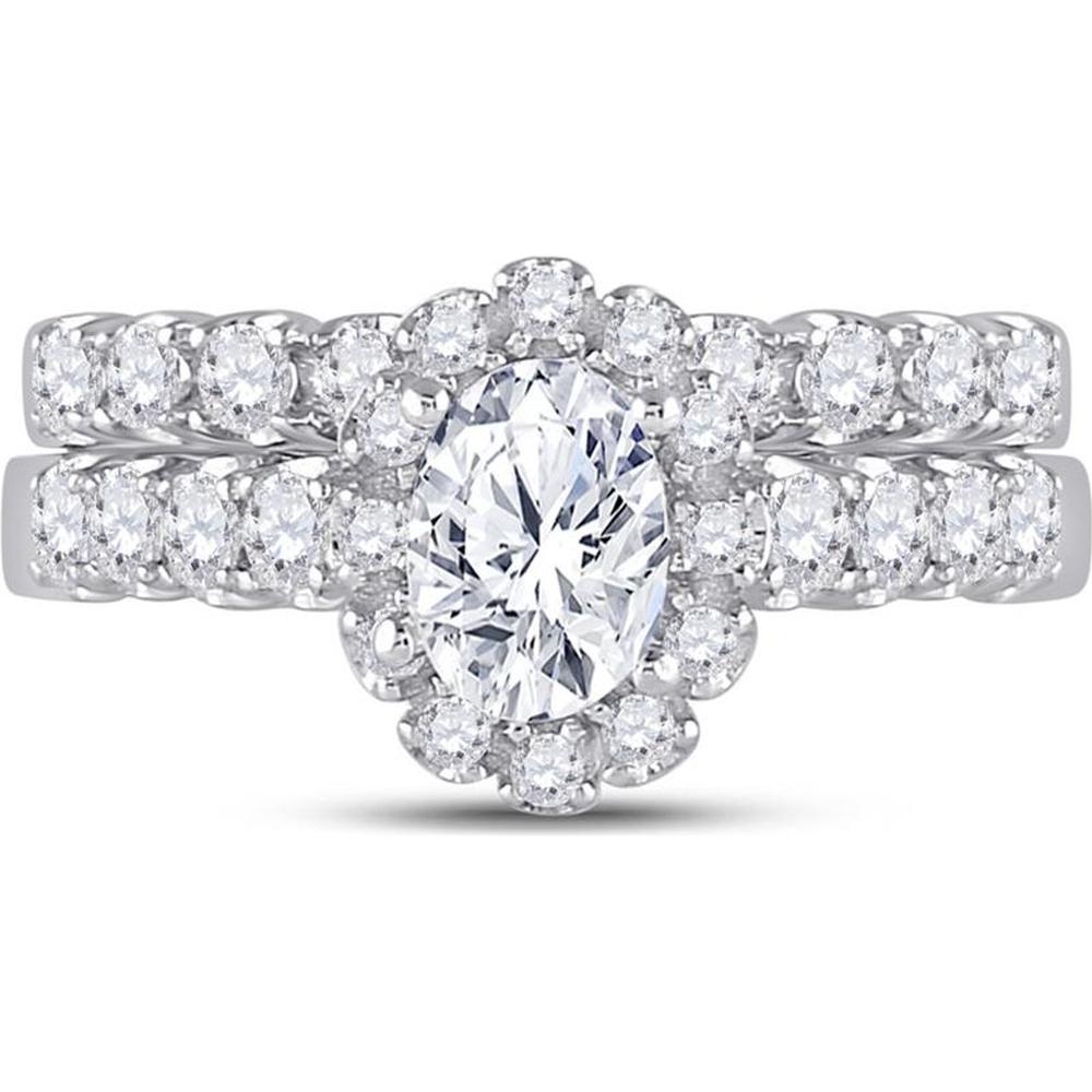 GND 14K White Gold Oval Diamond Bridal Wedding Ring Set with Halo and Round Prong Set Diamonds - 2.00 Carat Total Diamond Weight