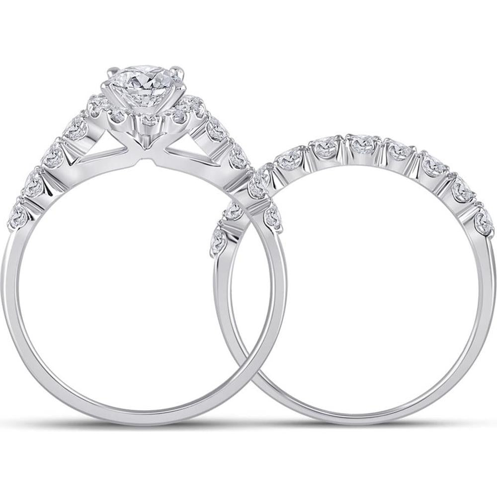 GND 14K White Gold Oval Diamond Bridal Wedding Ring Set with Halo and Round Prong Set Diamonds - 2.00 Carat Total Diamond Weight