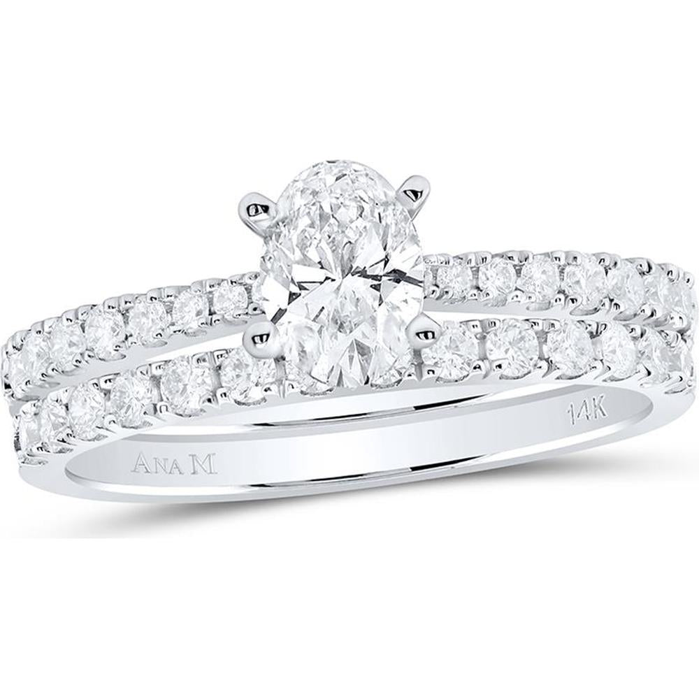 GND 14K White Gold Oval Diamond Bridal Wedding Ring Set with Prong-Set Diamonds – 1.00 Carat Total Diamond Weight