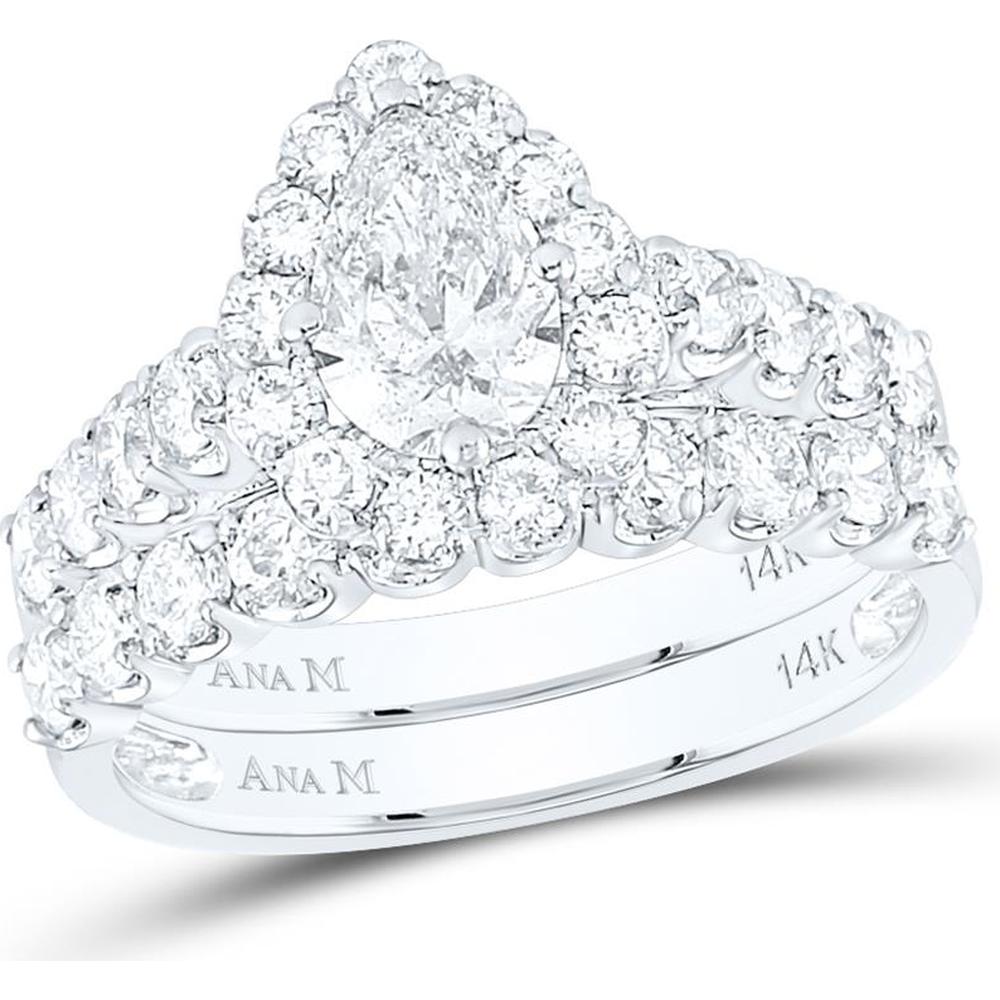 GND 14K White Gold Oval Diamond Bridal Wedding Ring Set with Prong-Set Round Diamonds - 2.00 Carat Total Diamond Weight