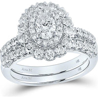 GND 14K White Gold Oval Diamond Bridal Wedding Ring Set with Round Diamond Halo - 1-5/8 Carat Total Diamond Weight