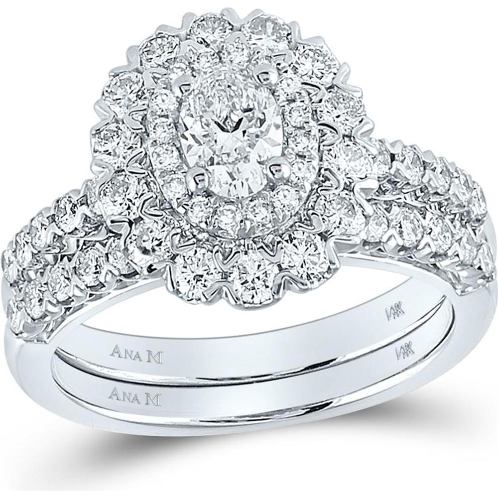 GND 14K White Gold Oval Diamond Bridal Wedding Ring Set with Round Diamond Halo - 1-5/8 Carat Total Diamond Weight