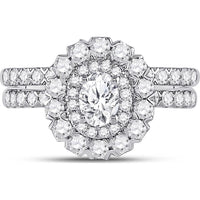 GND 14K White Gold Oval Diamond Bridal Wedding Ring Set with Round Diamond Halo - 1-5/8 Carat Total Diamond Weight
