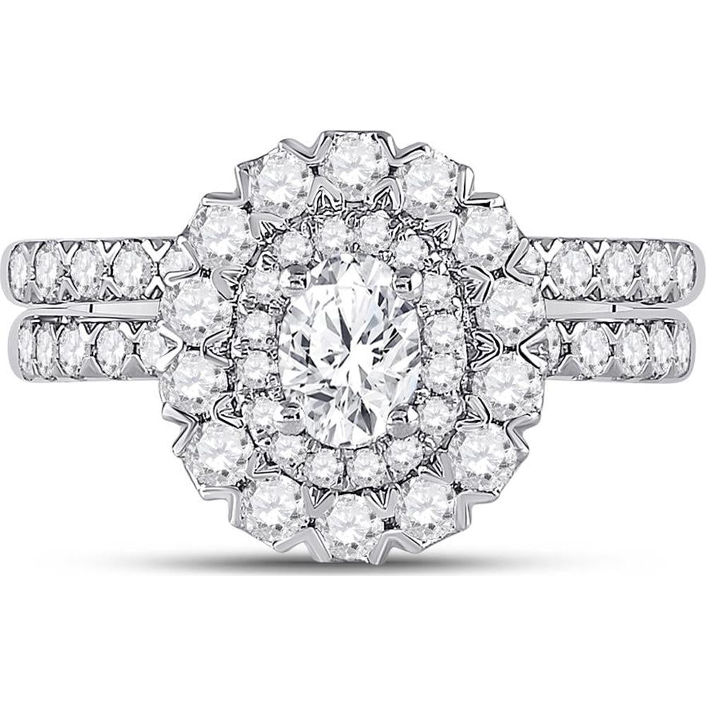 GND 14K White Gold Oval Diamond Bridal Wedding Ring Set with Round Diamond Halo - 1-5/8 Carat Total Diamond Weight