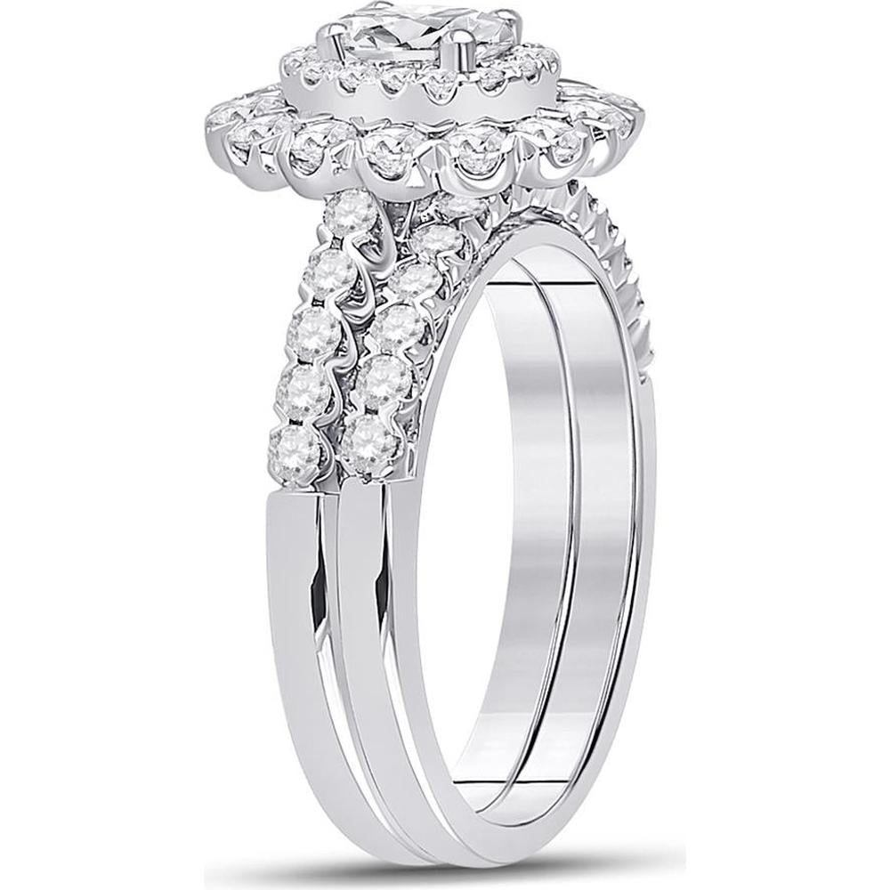 GND 14K White Gold Oval Diamond Bridal Wedding Ring Set with Round Diamond Halo - 1-5/8 Carat Total Diamond Weight
