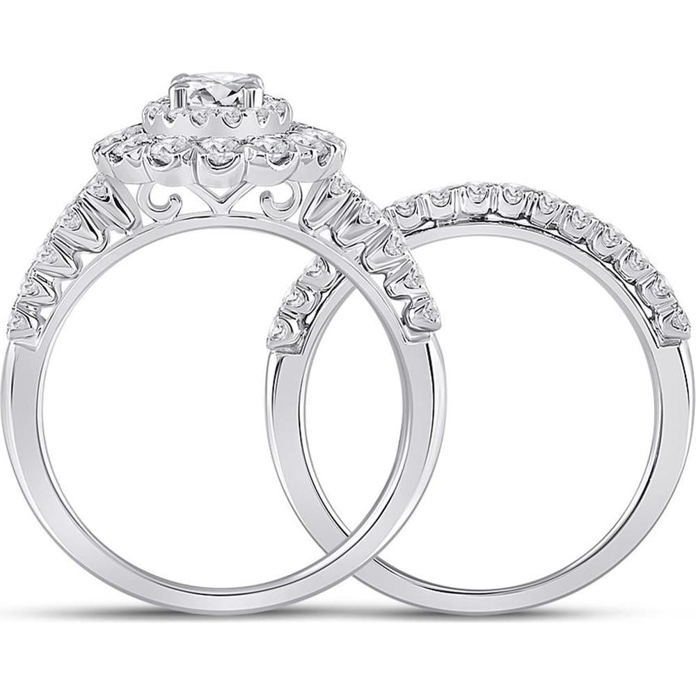 GND 14K White Gold Oval Diamond Bridal Wedding Ring Set with Round Diamond Halo - 1-5/8 Carat Total Diamond Weight