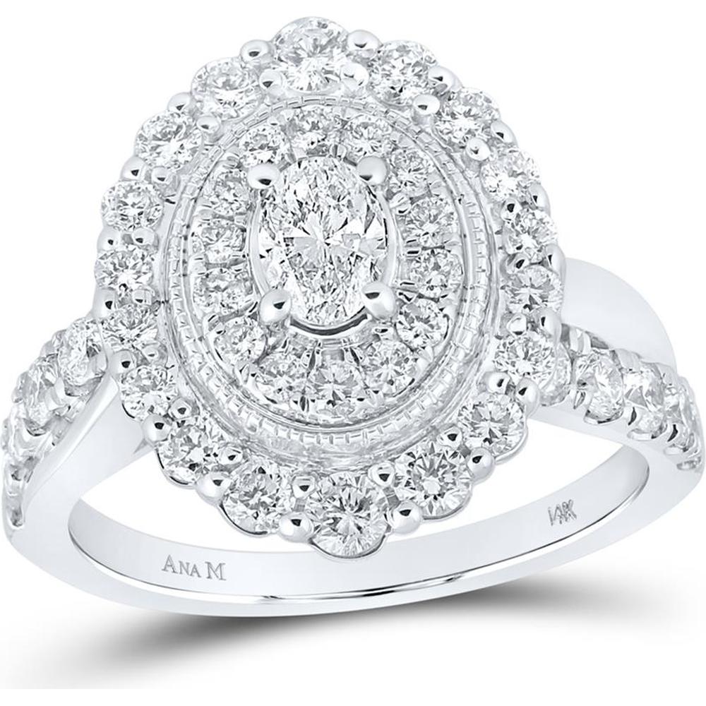 GND 14K White Gold Oval Diamond Halo Bridal Engagement Ring with Round Diamond Accents - 1-1/2 Carat Total Diamond Weight