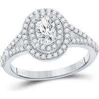 GND 14K White Gold Oval Diamond Halo Bridal Engagement Ring with Round Diamonds – 1 Carat Total Diamond Weight