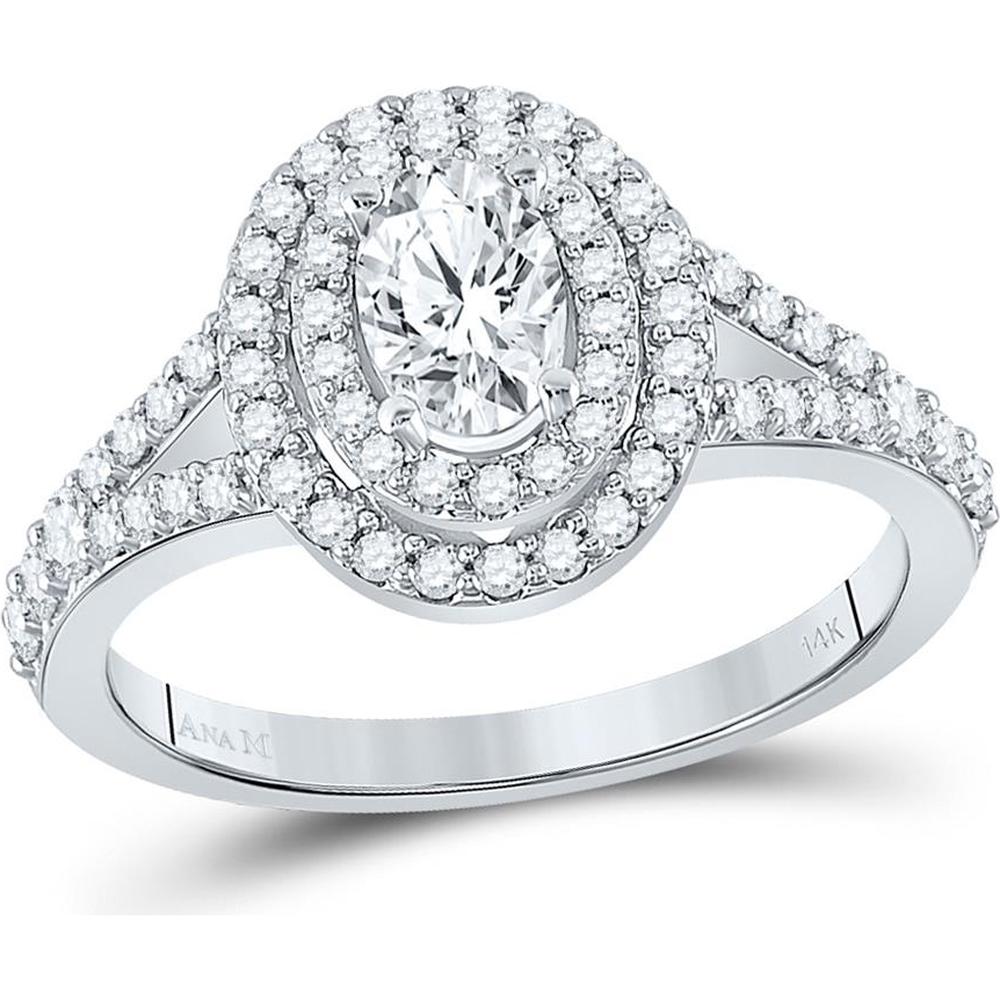 GND 14K White Gold Oval Diamond Halo Bridal Engagement Ring with Round Diamonds – 1 Carat Total Diamond Weight