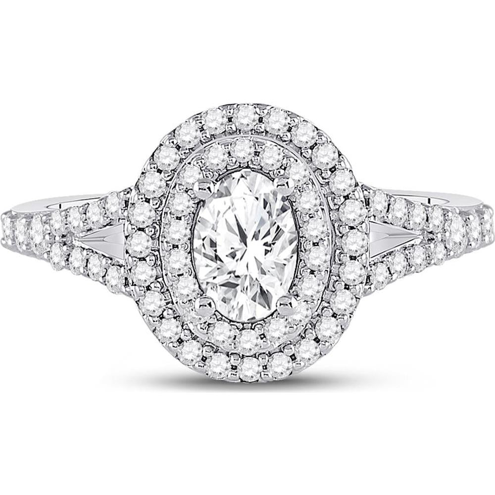 GND 14K White Gold Oval Diamond Halo Bridal Engagement Ring with Round Diamonds – 1 Carat Total Diamond Weight