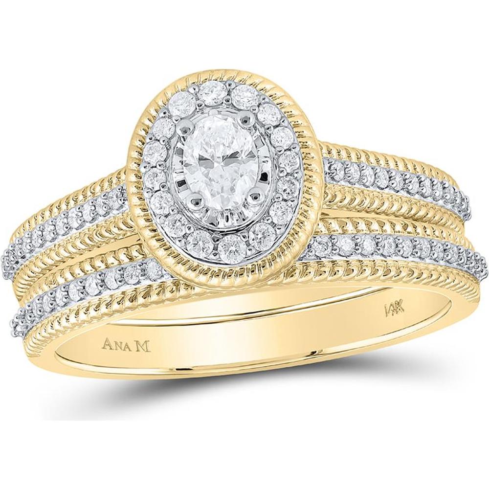 GND 14K White Gold Oval Diamond Halo Bridal Wedding Ring Set - 0.46 Carat Total Diamond Weight