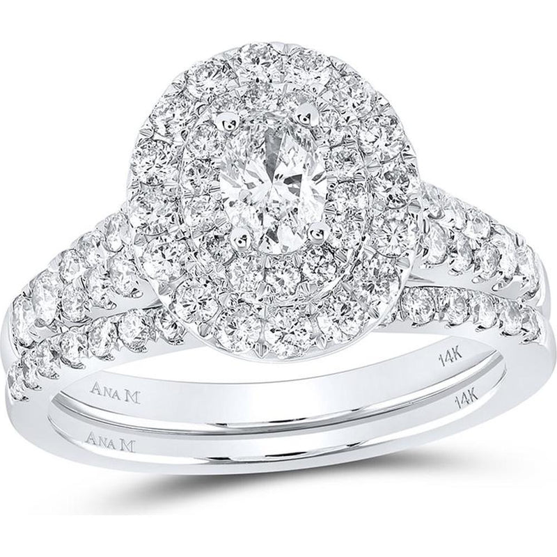 GND 14K White Gold Oval Diamond Halo Bridal Wedding Ring Set - 1.50 Carat Total Diamond Weight