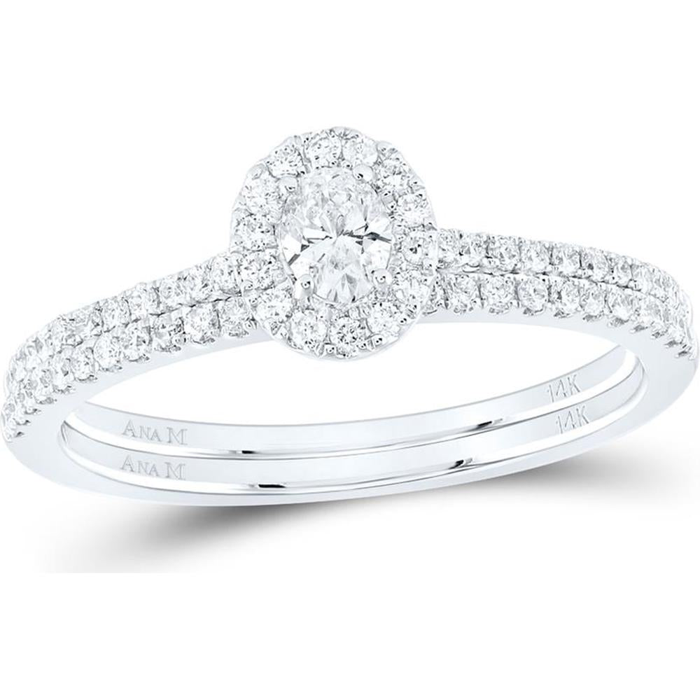 GND 14K White Gold Oval Diamond Halo Bridal Wedding Ring Set with 0.50 Carat Total Diamond Weight