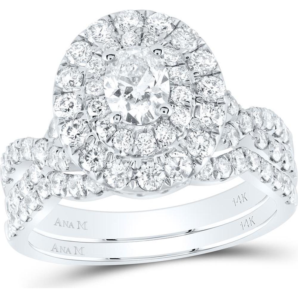 GND 14K White Gold Oval Diamond Halo Bridal Wedding Ring Set with 2.00 Carat Total Diamond Weight