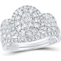 GND 14K White Gold Oval Diamond Halo Bridal Wedding Ring Set with Round Diamonds – 1-1/2 Carat Total Diamond Weight