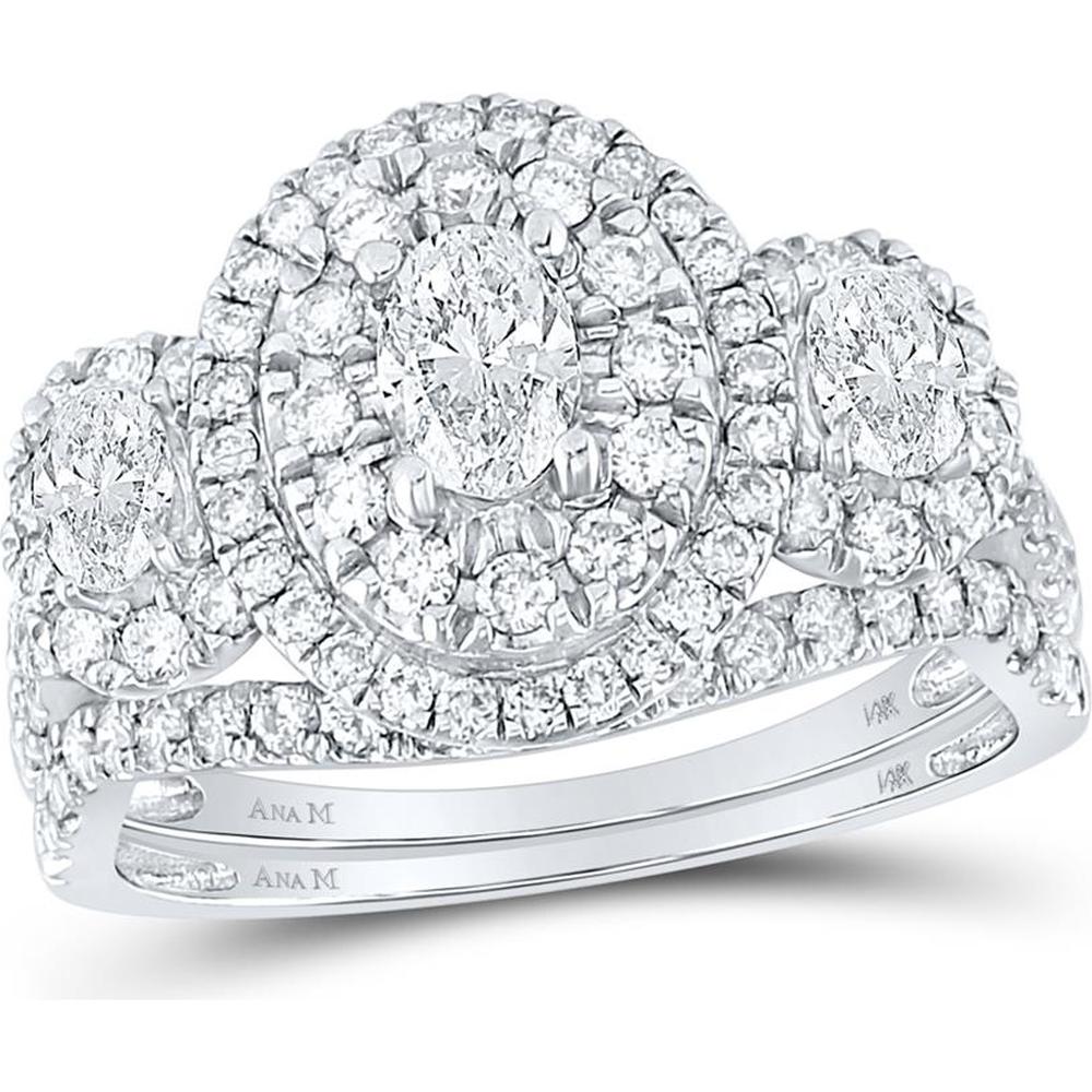 GND 14K White Gold Oval Diamond Halo Bridal Wedding Ring Set with Round Diamonds – 1-1/2 Carat Total Diamond Weight