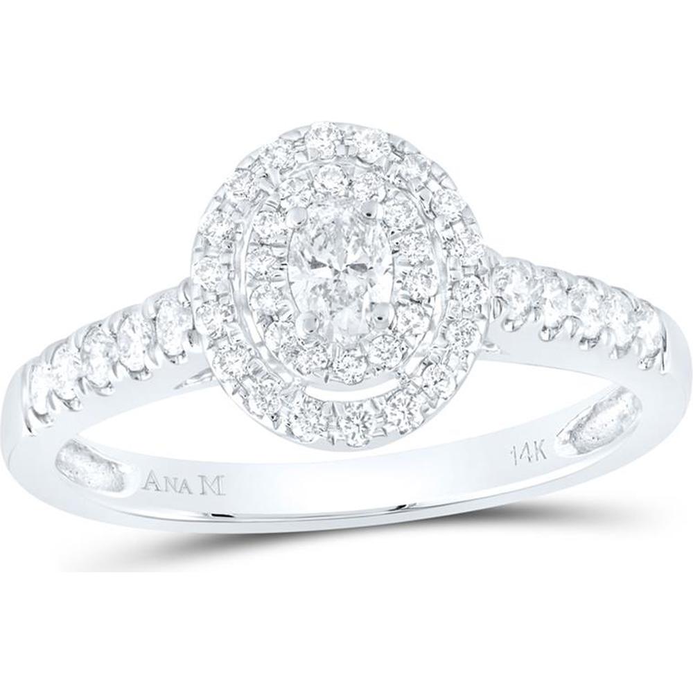 GND 14K White Gold Oval Diamond Halo Engagement Ring with Prong-Set Round Diamonds - 0.51 Carat Total Diamond Weight