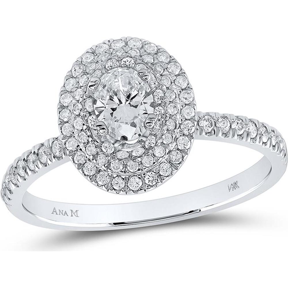 GND 14K White Gold Oval Diamond Halo Engagement Ring with Round Diamond Accents - 0.75 Carat Total Diamond Weight