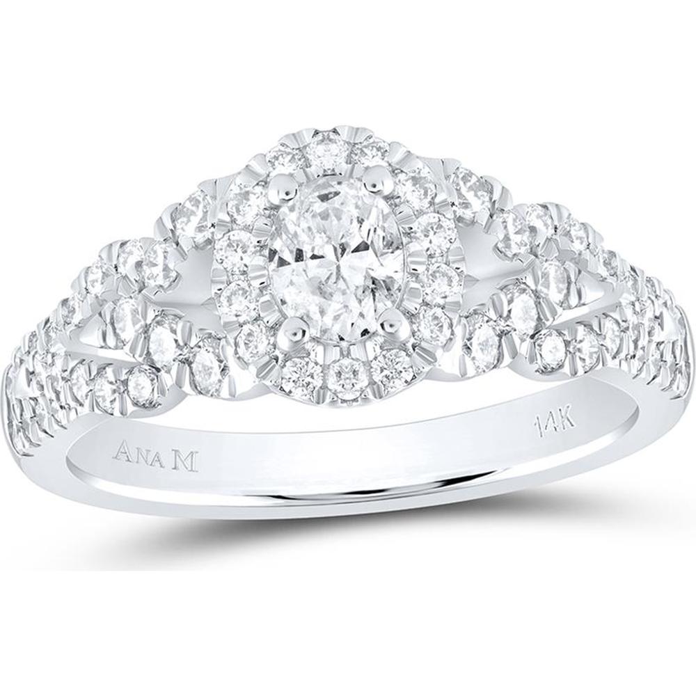 GND 14K White Gold Oval Diamond Solitaire Bridal Engagement Ring with Halo - 1.00 Carat Total Diamond Weight