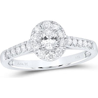 GND 14K White Gold Oval Diamond Solitaire Bridal Engagement Ring with Round Diamond Halo - 0.50 Carat Total Diamond Weight