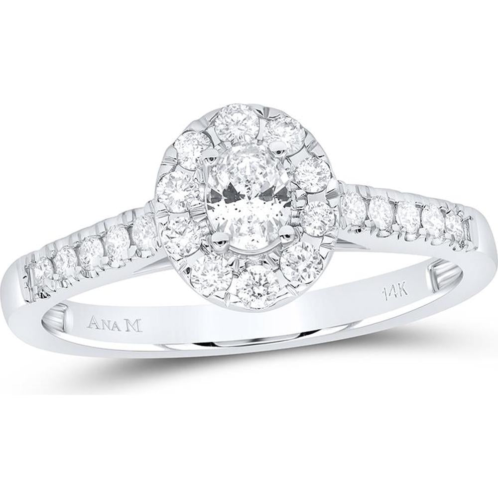 GND 14K White Gold Oval Diamond Solitaire Bridal Engagement Ring with Round Diamond Halo - 0.50 Carat Total Diamond Weight