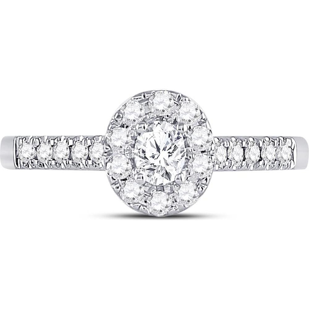 GND 14K White Gold Oval Diamond Solitaire Bridal Engagement Ring with Round Diamond Halo - 0.50 Carat Total Diamond Weight
