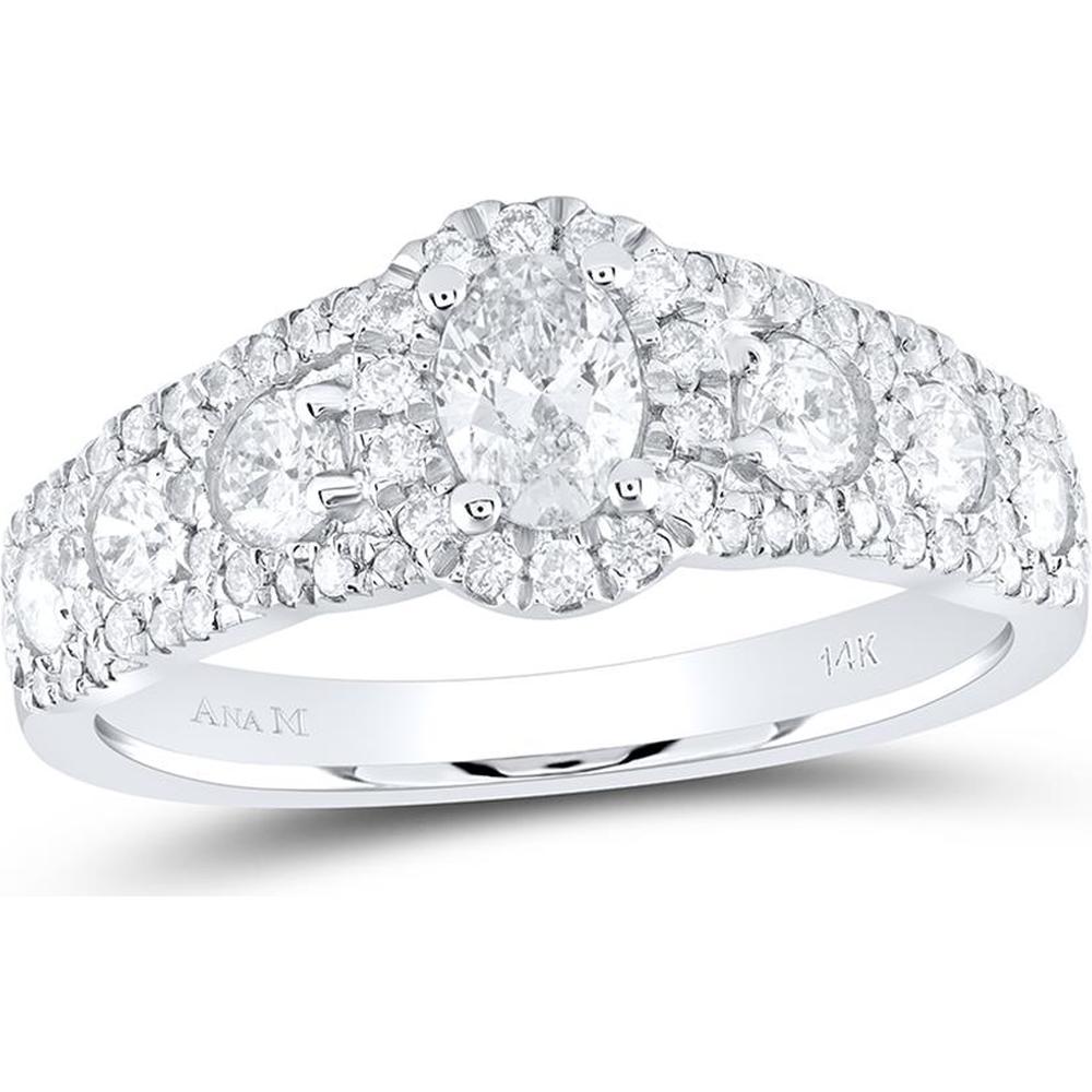 GND 14K White Gold Oval Halo Engagement Ring with Split Shank and Prong-Set Diamonds - 1-1/5 Total Carat Weight