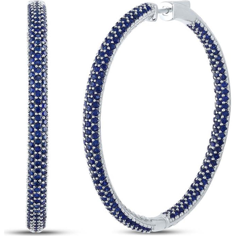 GND 14K White Gold Pave-Set Round Blue Sapphire Hoop Earrings – 8.75 Carat Total Gemstone Weight