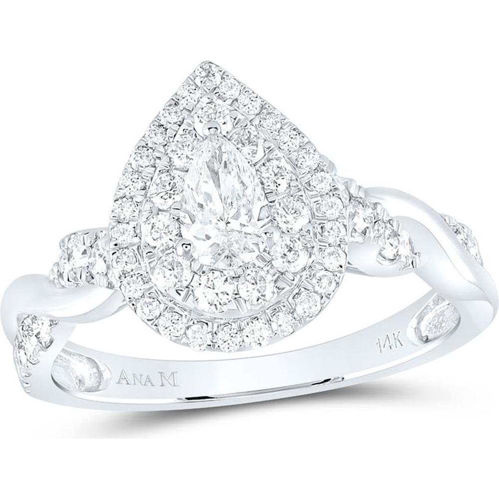GND 14K White Gold Pear and Round Diamond Solitaire Engagement Ring - 1.00 Carat Total Diamond Weight