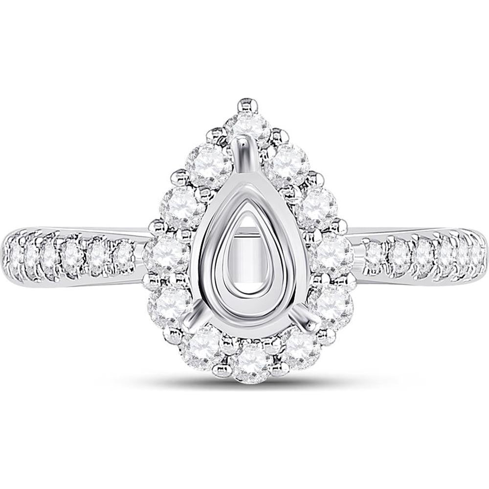 GND 14K White Gold Pear Center Halo Bridal Semi-Mount Ring with Round Diamonds - 5/8 Carat Total Diamond Weight