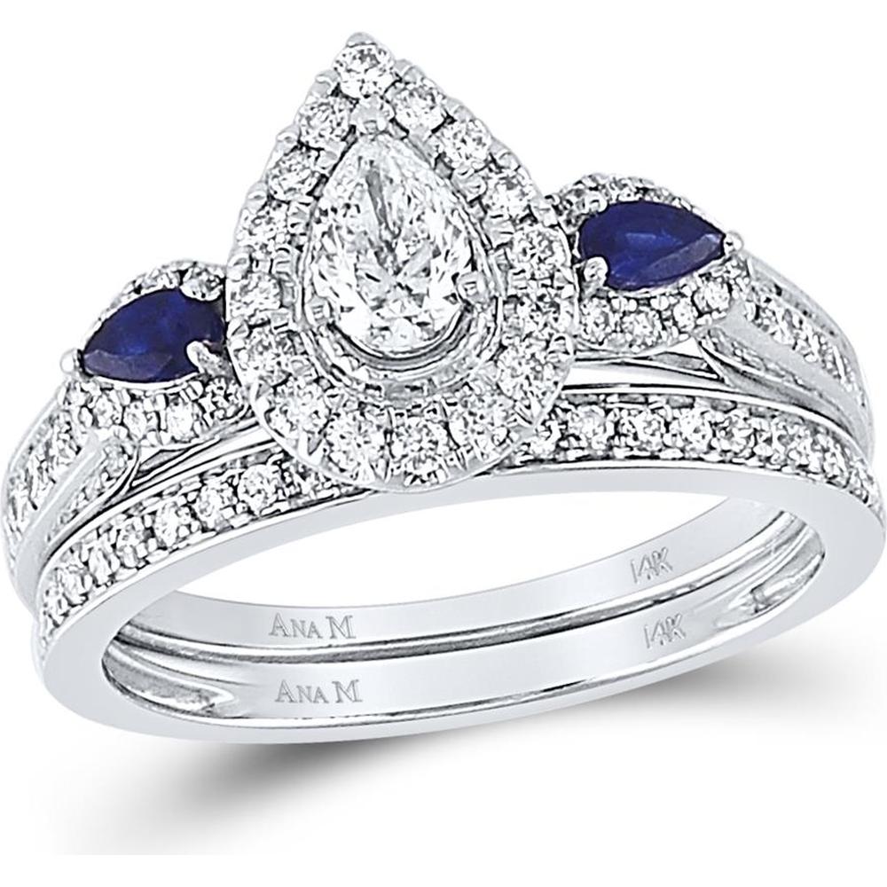 GND 14K White Gold Pear Diamond and Blue Sapphire Halo Bridal Wedding Ring Set - 0.85 Carat Total Carat Weight