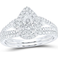 GND 14K White Gold Pear Diamond Bridal Wedding Ring Set with Round Diamonds – 1.0 Carat Total Diamond Weight
