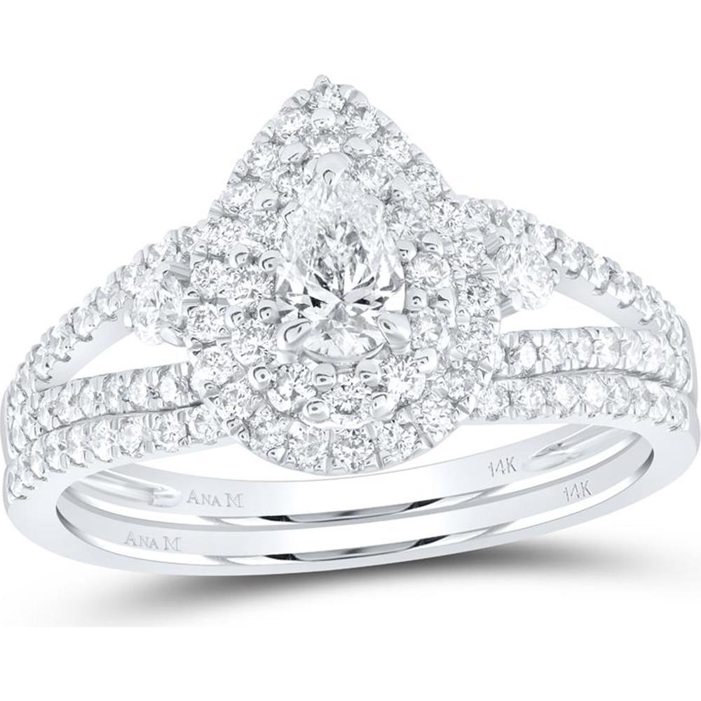 GND 14K White Gold Pear Diamond Bridal Wedding Ring Set with Round Diamonds – 1.0 Carat Total Diamond Weight