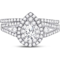 GND 14K White Gold Pear Diamond Bridal Wedding Ring Set with Round Diamonds – 1.0 Carat Total Diamond Weight