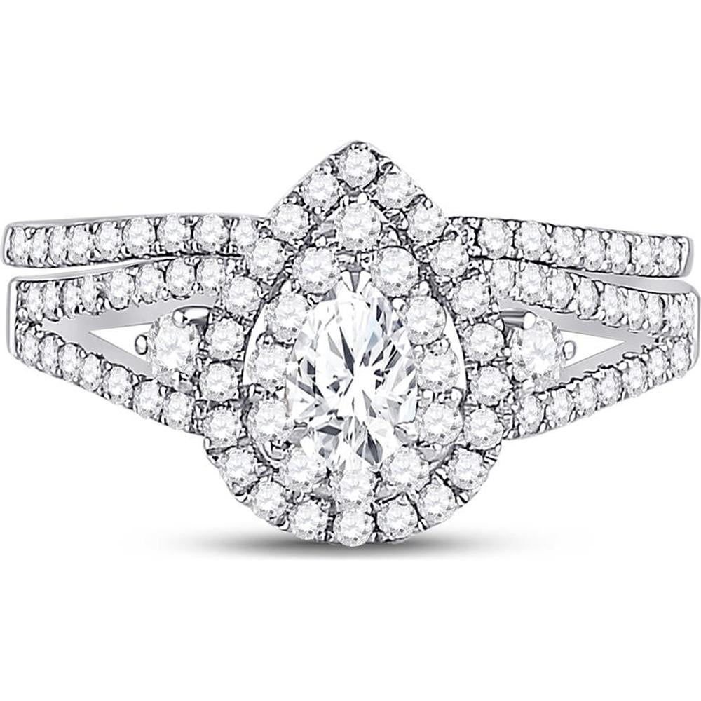 GND 14K White Gold Pear Diamond Bridal Wedding Ring Set with Round Diamonds – 1.0 Carat Total Diamond Weight