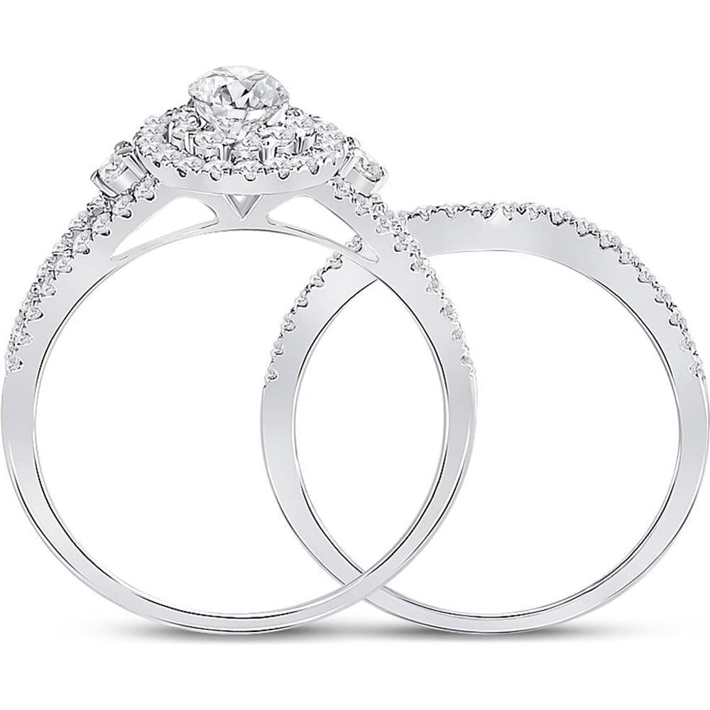 GND 14K White Gold Pear Diamond Bridal Wedding Ring Set with Round Diamonds – 1.0 Carat Total Diamond Weight