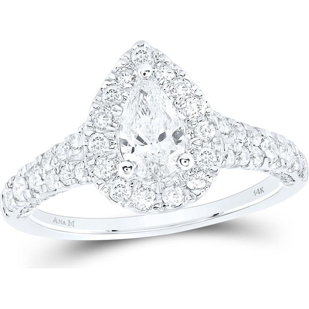 GND 14K White Gold Pear Diamond Halo Bridal Engagement Ring with Round Diamond Accents - 1-1/4 Carat Total Diamond Weight