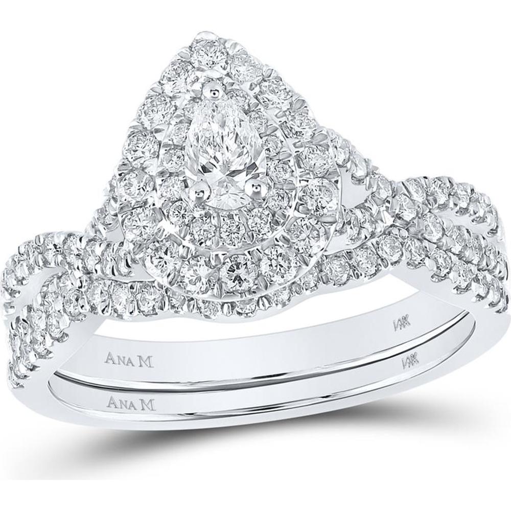 GND 14K White Gold Pear Diamond Halo Bridal Wedding Ring Set – 1.00 Carat Total Diamond Weight