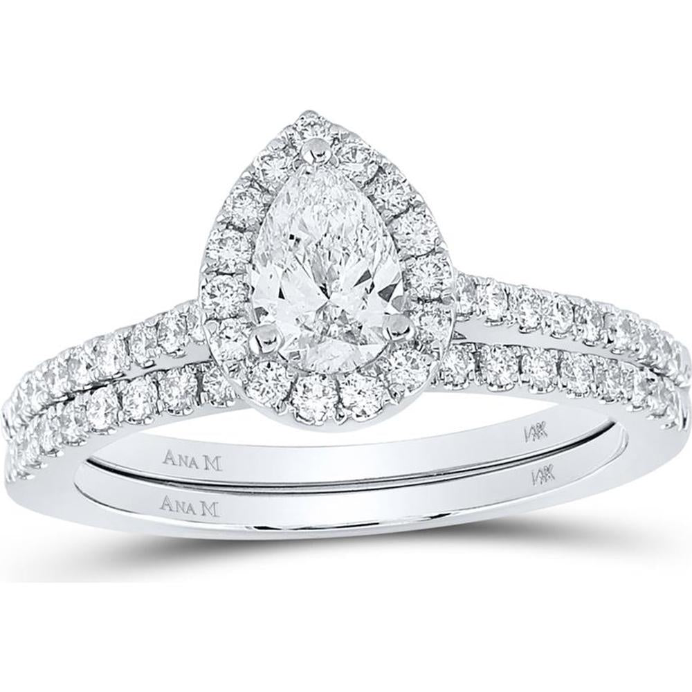 GND 14K White Gold Pear Diamond Halo Bridal Wedding Ring Set - 1.00 Carat Total Diamond Weight