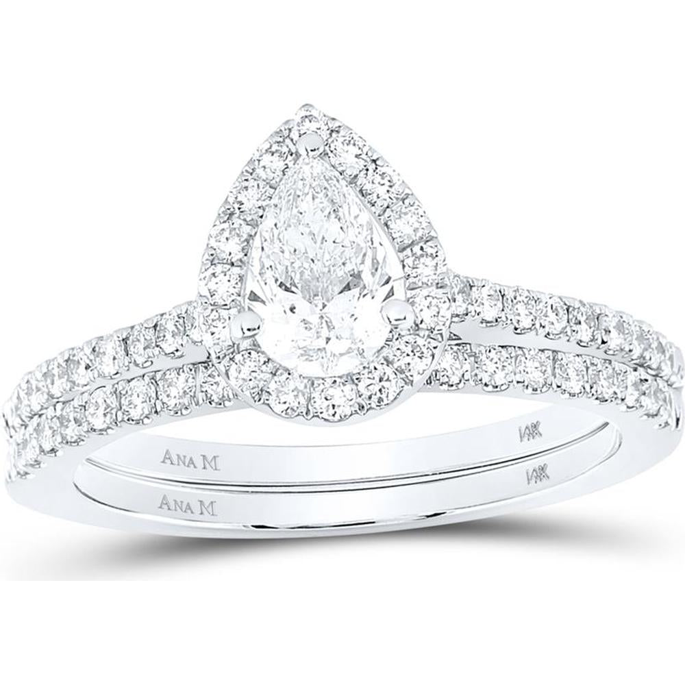 GND 14K White Gold Pear Diamond Halo Bridal Wedding Ring Set - 1 Carat Total Diamond Weight