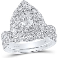 GND 14K White Gold Pear Diamond Halo Bridal Wedding Ring Set - 2.0 Carat Total Carat Weight