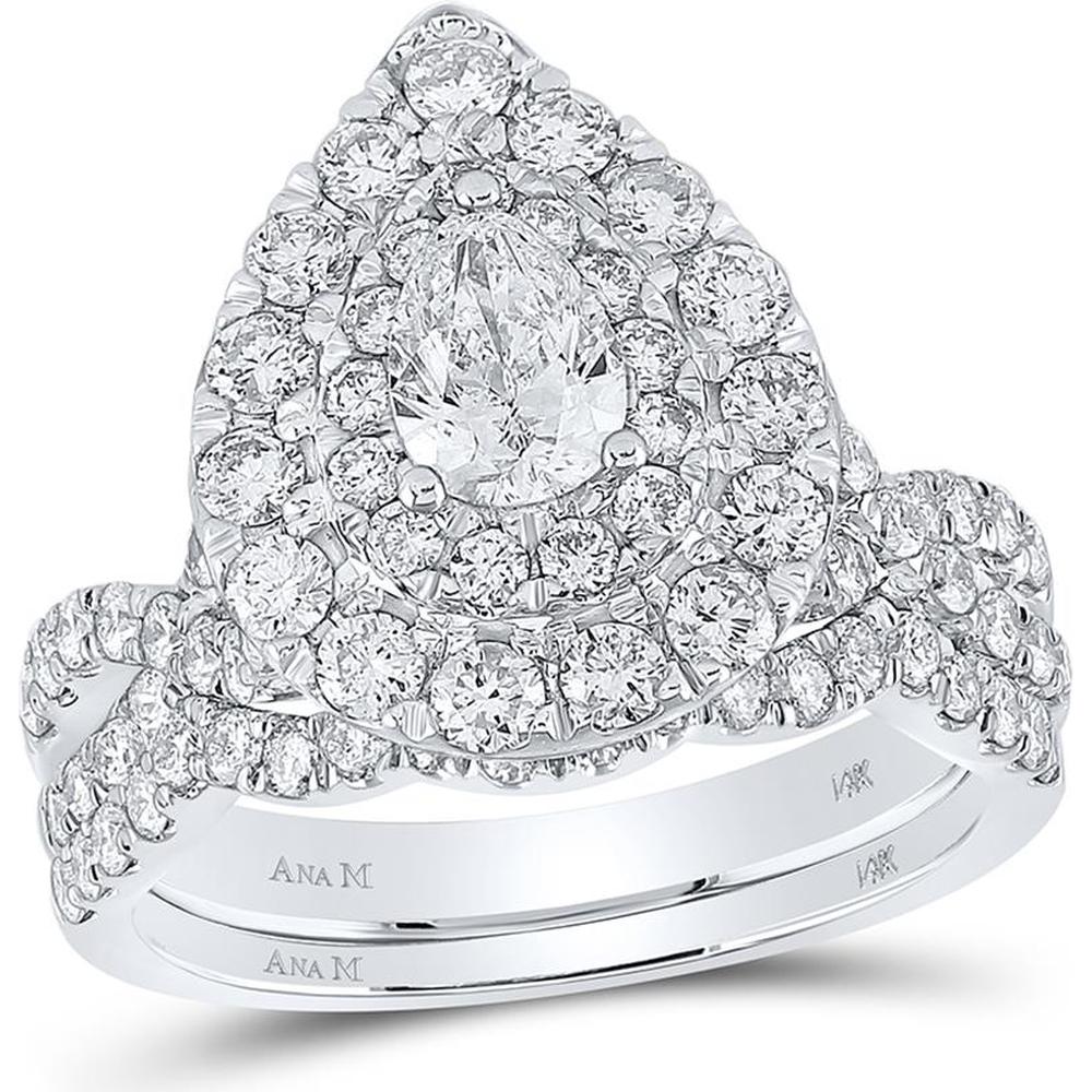 GND 14K White Gold Pear Diamond Halo Bridal Wedding Ring Set - 2.0 Carat Total Carat Weight