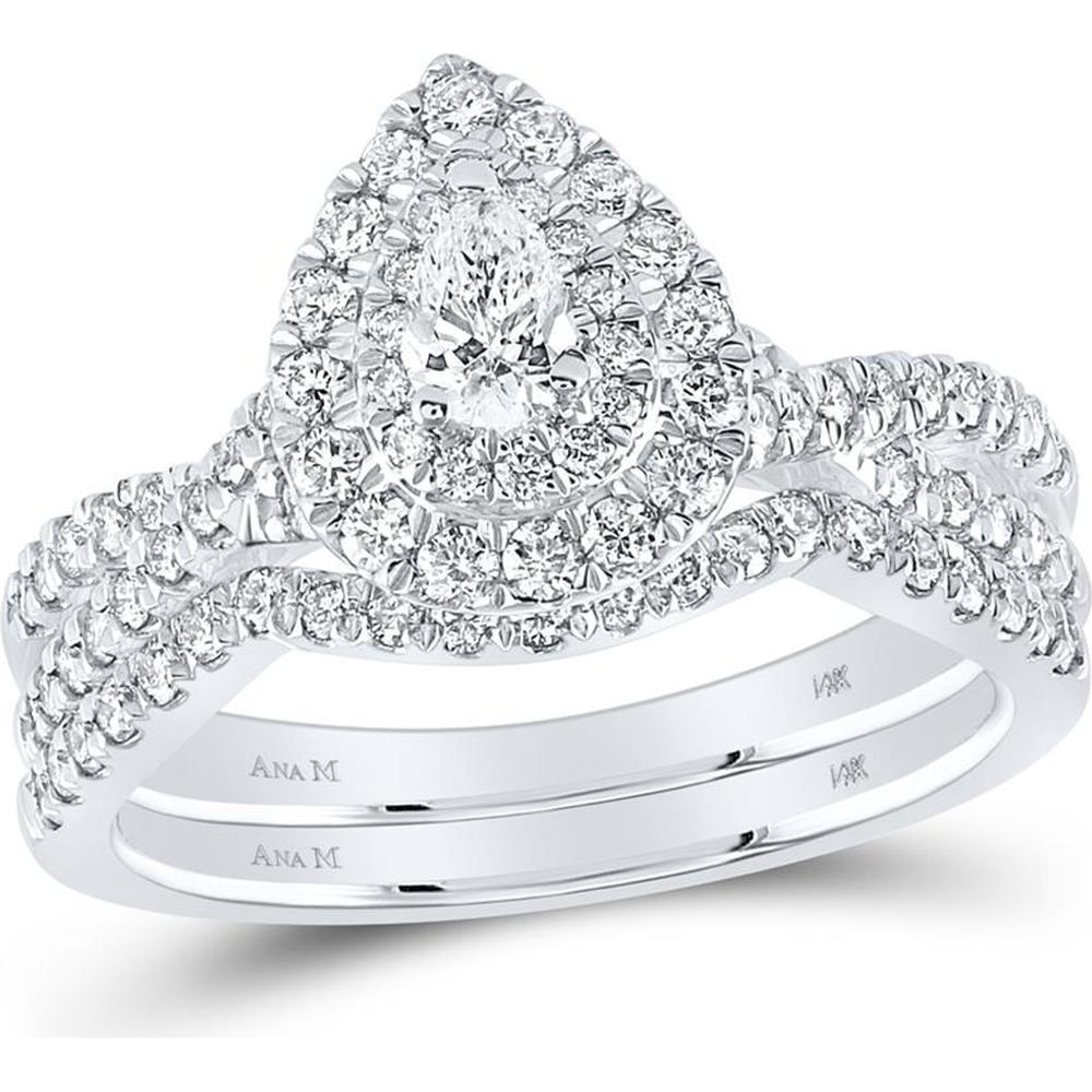 GND 14K White Gold Pear Diamond Halo Bridal Wedding Ring Set with 1.0 Carat Total Diamond Weight