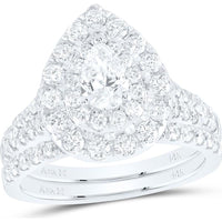 GND 14K White Gold Pear Diamond Halo Bridal Wedding Ring Set with 2 Carat Total Diamond Weight