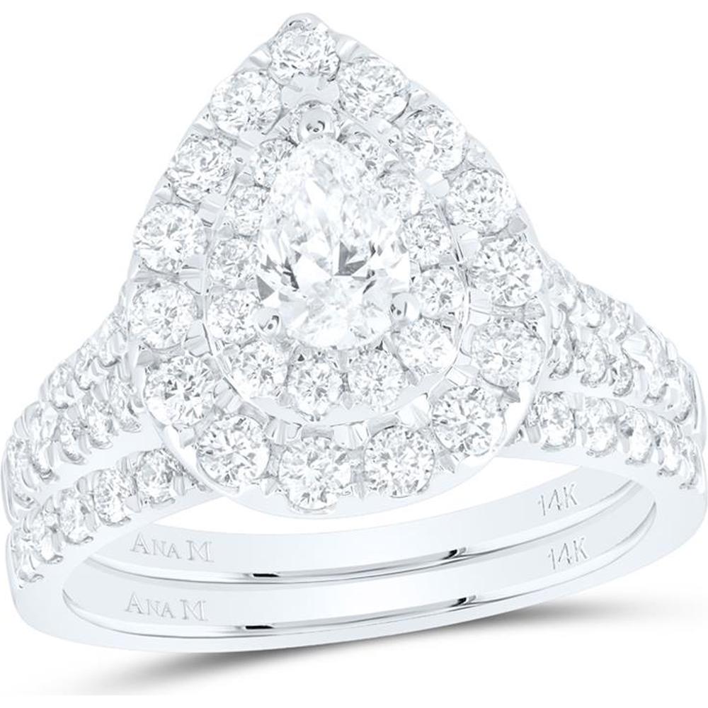 GND 14K White Gold Pear Diamond Halo Bridal Wedding Ring Set with 2 Carat Total Diamond Weight