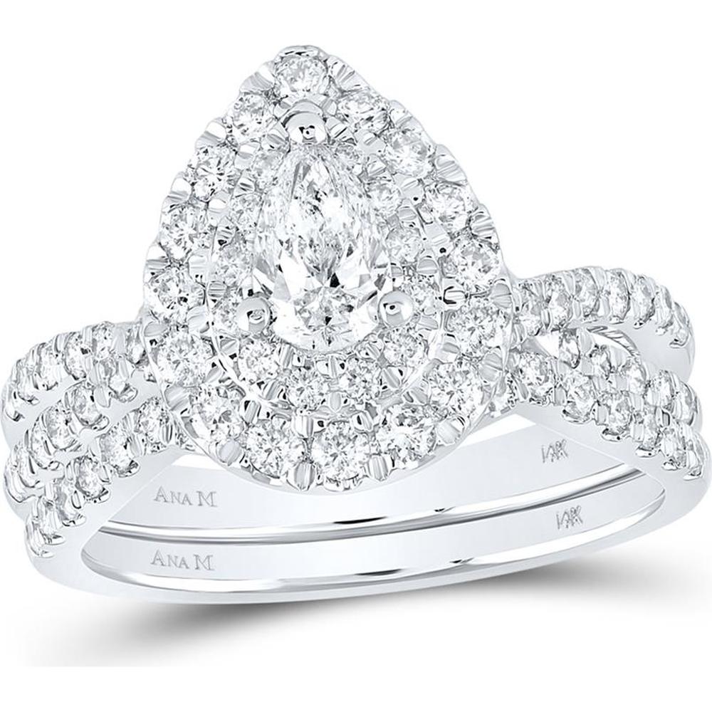 GND 14K White Gold Pear Diamond Halo Bridal Wedding Ring Set with Crisscross Round Diamond Band - 1.5 Carat Total Diamond Weight