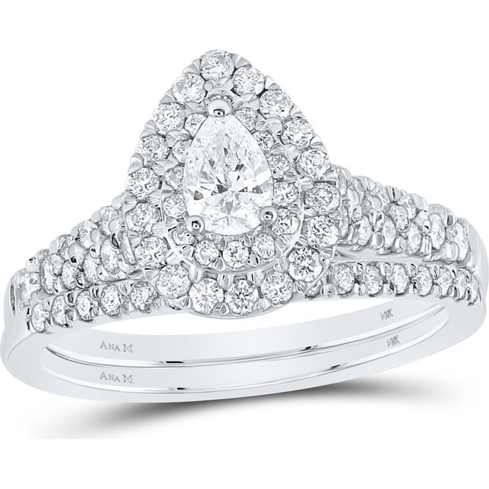 GND 14K White Gold Pear Diamond Halo Bridal Wedding Ring Set with Prong-Set Round Diamonds - 1.00 Carat Total Diamond Weight