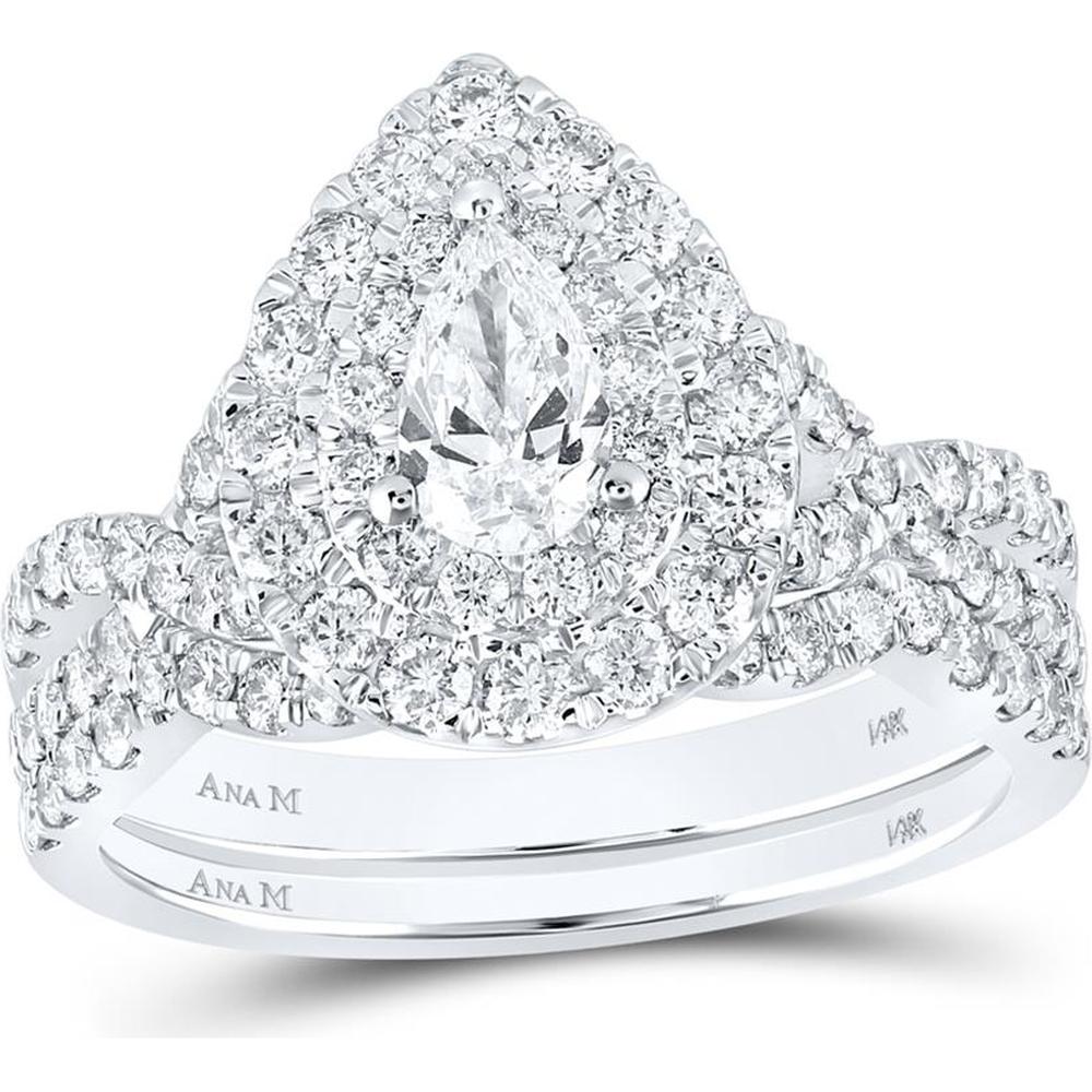 GND 14K White Gold Pear Diamond Halo Bridal Wedding Ring Set with Round Diamond Band - 1.5 Carat Total Gem Weight