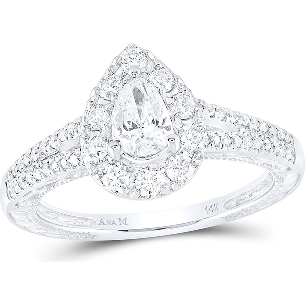 GND 14K White Gold Pear Diamond Halo Engagement Ring with Prong Set Round Diamonds – 1.00 Carat Total Diamond Weight